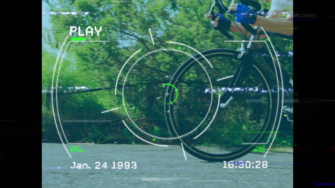 Cyclist Riding Bike with Futuristic Digital Interface Overlay