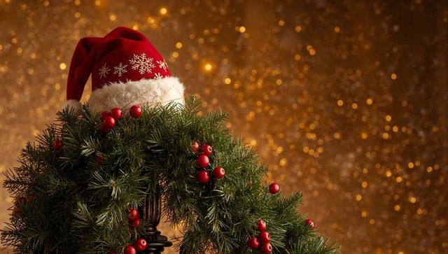 Festive pine wreath wearing Santa hat with red berries on golden bokeh background