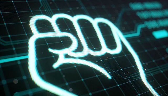 Glowing neon fist icon over futuristic digital hud grid representing power and resistance