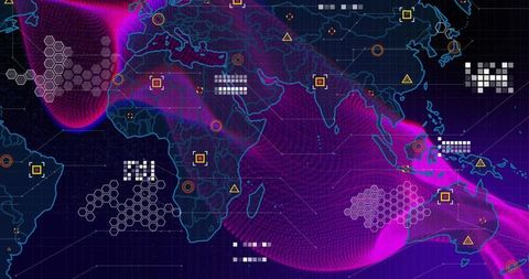 Visualizing global data flow with neon mesh, hex grid and hud interface