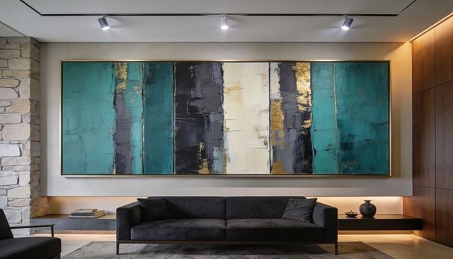 Showcasing oversized teal gold abstract painting above dark sofa in modern living room