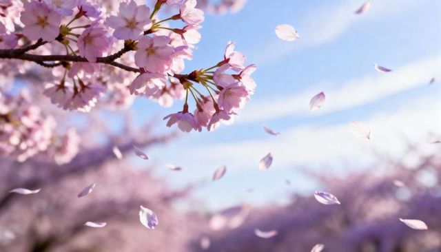 Blooming Pink Cherry Blossom Cluster Drifting Petals Over Sunlit Pastel Spring Garden