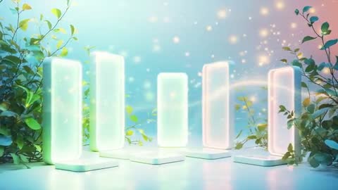 Futuristic Glowing Panels with Green Foliage in Abstract Setting