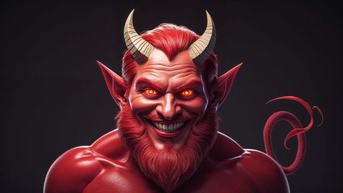 Grinning horned satan with sharp teeth on dark background