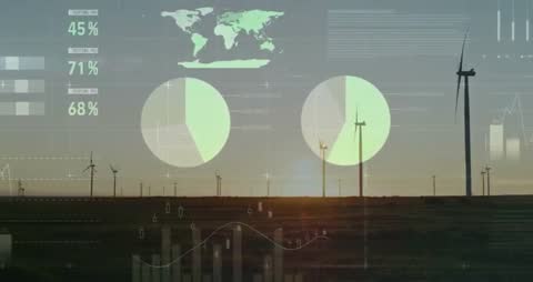 Wind Turbines at Sunset with Data Visualization Overlay