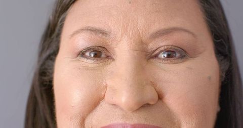 Extreme close-up mature woman showing skin texture, eyeliner, pink lips, confident smile