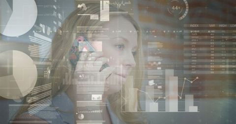 Businesswoman Analyzing Data on Smartphone with Digital Overlays - Download Free Stock Images Pikwizard.com