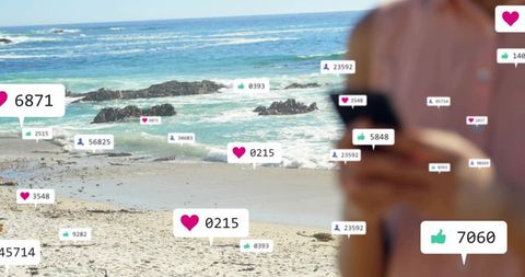 Woman checking social media smartphone at beach with floating likes and follower counts