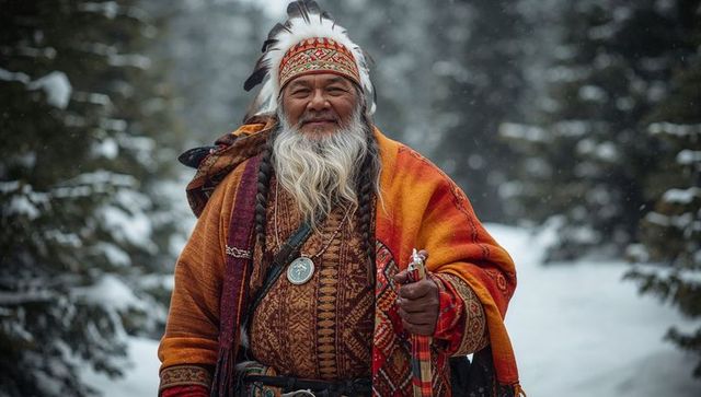 Native american elder in traditional attire amidst snowy forest