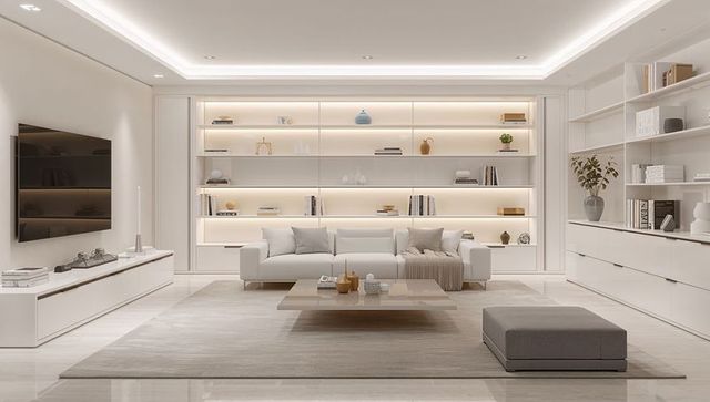 Minimalist living room featuring cream three-seat sofa, backlit shelves, modern decor