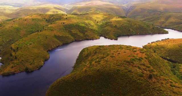 A sweeping aerial view captures the tranquil landscape of verdant hills interspersed with a gently winding river. Ideal for use in travel brochures, nature documentaries, environmental campaigns, and scenic backgrounds.
