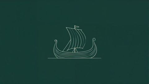 Minimalist viking longship line art on dark green background