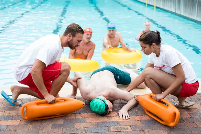 Male and female lifeguards helping unconscious senior man at poolside