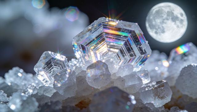 Hexagonal crystal cluster refracting moonlight into rainbow facets on frosty snow macro