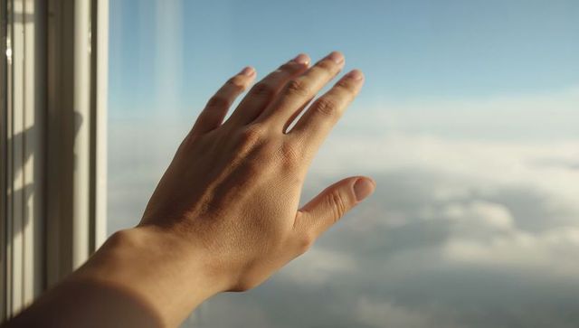 Right hand reaching toward airplane window over sunlit cloud layer and blue horizon