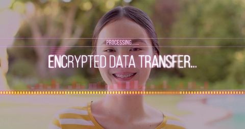 Asian woman smiling in backyard displaying encrypted data transfer overlay, cybersecurity