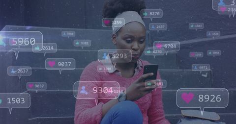 Woman engaged with smartphone amidst social media alerts