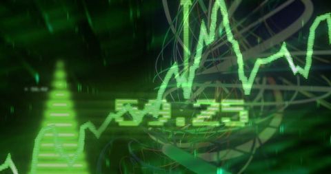 Futuristic neon green financial chart with jagged waveform and digital readout 54.25