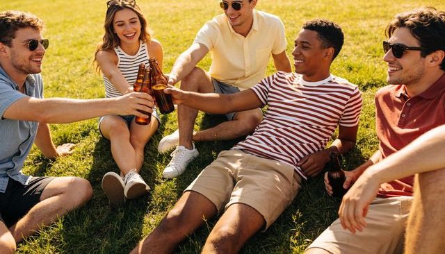Young friends clinking beer bottles in sunny park laughing and celebrating summer weekend