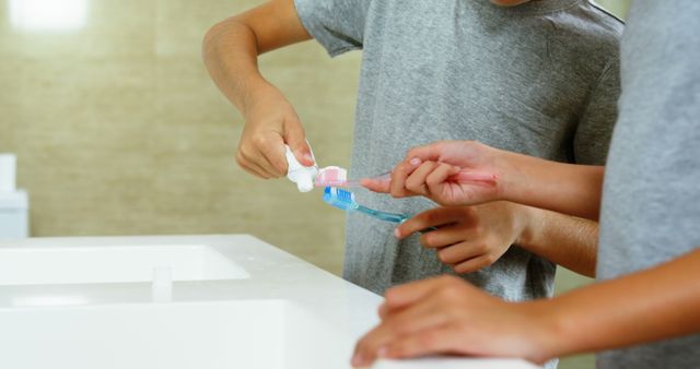 Kids Brushing Teeth Together in Bathroom - Download Free Stock Images Pikwizard.com