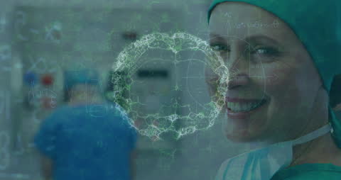 Futuristic Surgeon with Digital Brain Overlay in Operating Room