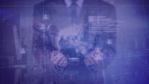 Businessman Holding Digital Globe with Data Overlay
