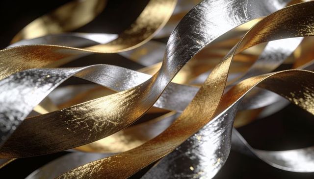 Twisting gold and silver metallic ribbons with glossy texture and specular highlights