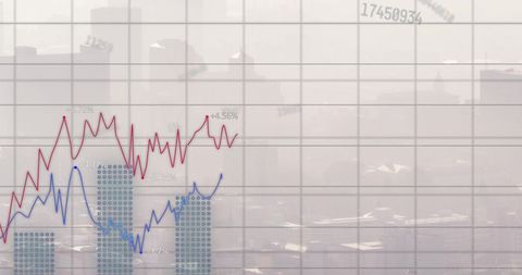 Financial Data Displayed Over Hazy City Skyline - Download Free Stock Images Pikwizard.com