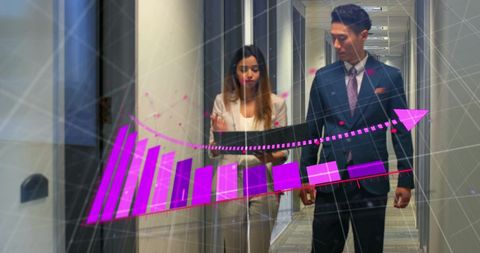 Business Analytics Display with Professionals in Office Corridor
