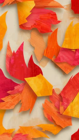 Vertical video: Vibrant paper cutouts drifting and clustering on cream tabletop