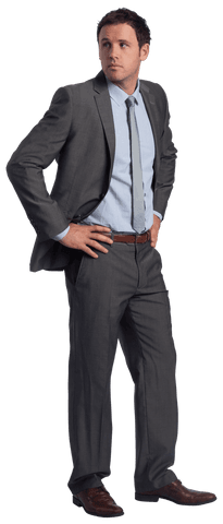 Confident Businessman in Grey Suit with Hands on Hips on Transparent Background
