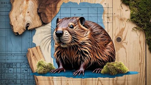 Beaver on wooden plank with blueprint and moss collage