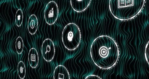 Depicts an array of data communication and process icons represented on a digital grid of blue contour lines, creating a feeling of advanced technology. Suitable for illustrating themes of digital innovations, communication networks, or data processing. Ideal for websites, technology blogs, or design elements needing a futuristic look.