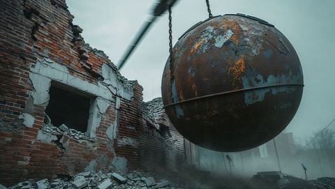 Wrecking ball smashing abandoned brick building at demolition site