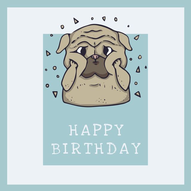 Perfect for birthday greeting cards, this cute cartoon pug adds a touch of humor with its whimsical and indifferent expression. Ideal for anyone who enjoys playful and lighthearted birthday wishes. Suitable for digital and print use, the adorable illustration will bring a smile to anyone's face.