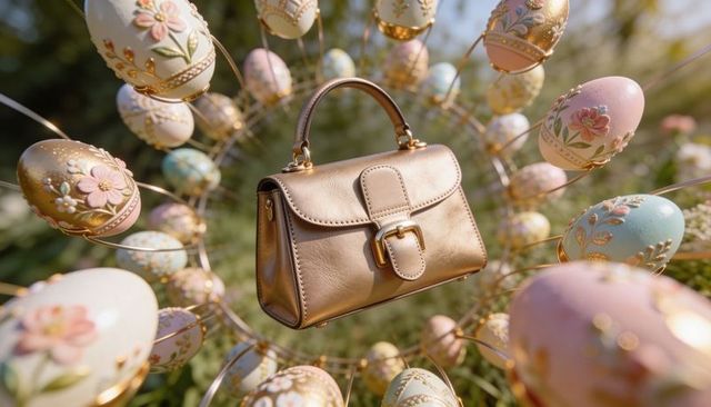 Gold mini handbag floating among pastel painted ornamental eggs on garden wire wreath luxury