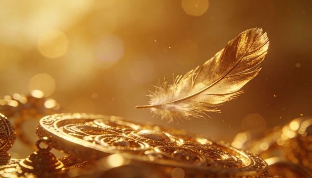 Floating golden feather above ornate antique coins and chain, warm glitter bokeh macro