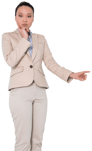 Asian Businesswoman Pointing with Thoughtful Expression, Transparent