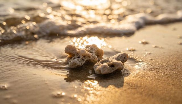 Golden hour coral fragments resting on wet sand with sea foam warm bokeh closeup