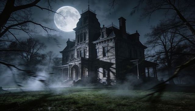 Moonlit victorian mansion looming in fog, haunted gothic estate at night
