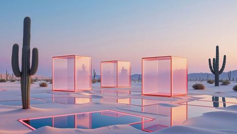 Glowing Cubes and Reflections in Desert Landscape at Sunset