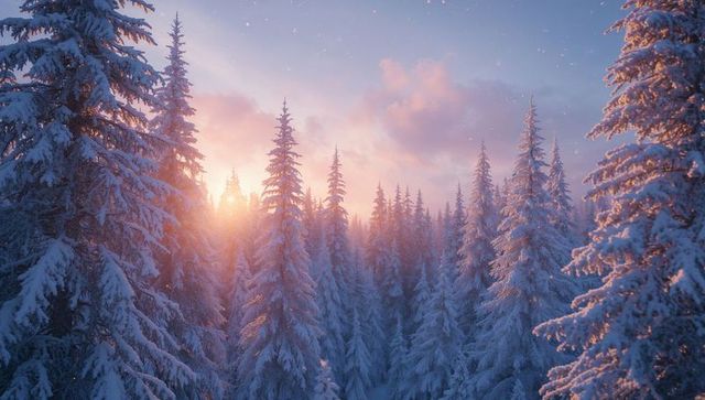 Winter Wonderland Sunrise with Snow-Laden Pines in Scenic Forest