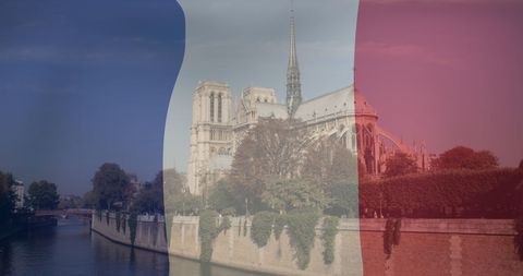 French Flag Overlaying Notre Dame in Paris, Symbolizing National Pride