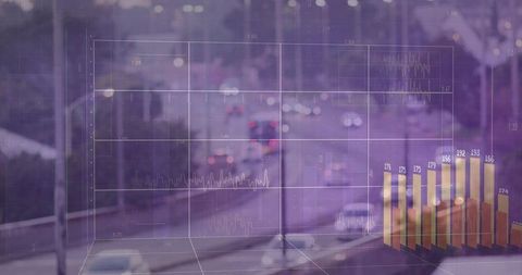 Futuristic urban data visualization overlay on night highway with purple bokeh