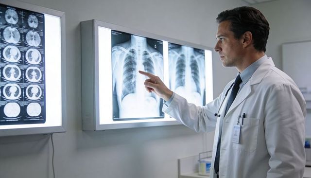 Radiologist pointing at chest x-ray on lightbox in hospital reading room for diagnosis