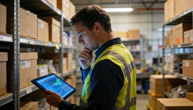 Warehouse worker reviewing inventory analytics on tablet in industrial shelving aisle