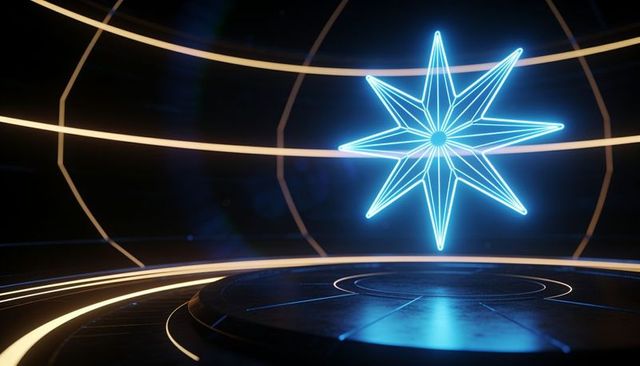 Holographic neon eight-pointed star hovering over futuristic ringed stage with blue glow