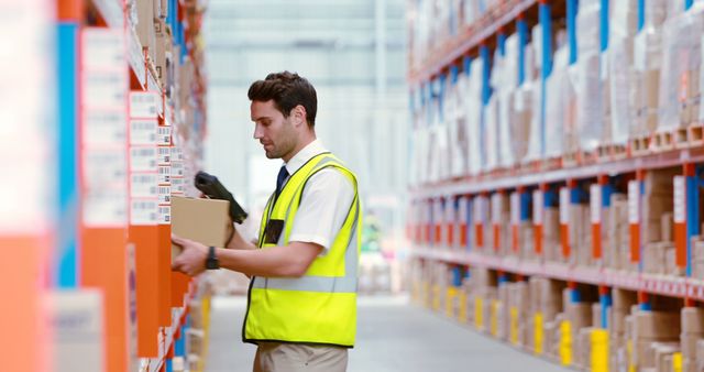 Warehouse worker is scanning barcodes and placing boxes on shelves, managing inventory in a large storage facility. Suitable for depicting logistics, supply chain management, stock organization, warehouse operations, and inventory control. Useful for illustrating business operations, commercial storage, and e-commerce fulfillment.