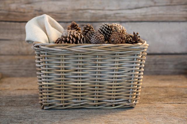 Wicker basket filled with pine cones, placed on a wooden table, showcasing a rustic and natural setting. Ideal for use in Christmas and holiday-themed projects, seasonal advertisements, DIY decor inspirations, and cozy home decor ideas.