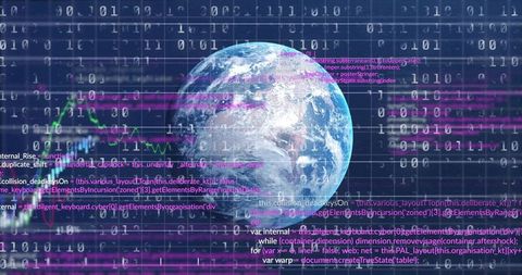 Digital Earth Rotating in Cyber Grid with Binary Code, Neon Analytics and Data Streams